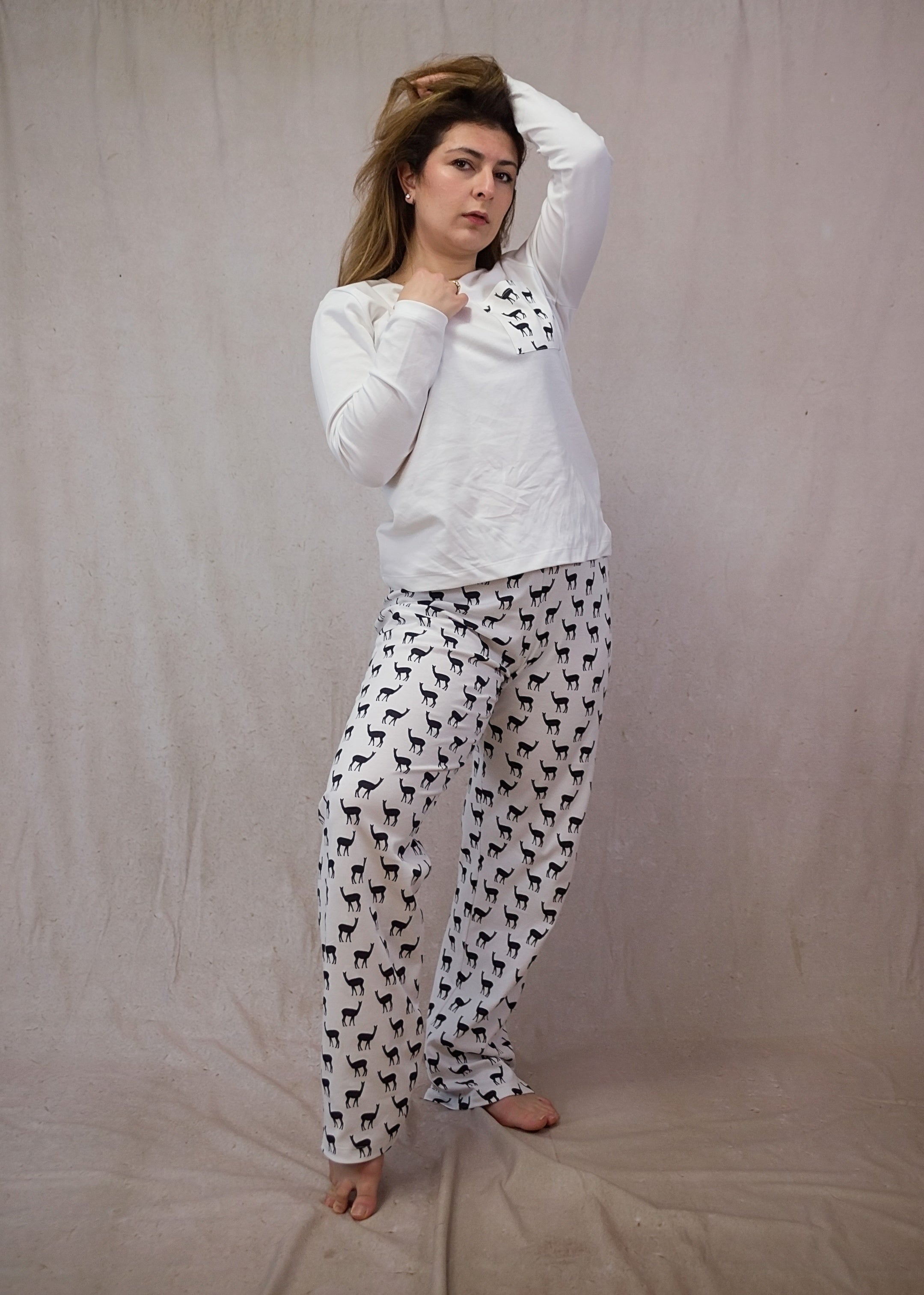 Women's Long Sleeve Pima Cotton Pyjama Set – Black & White Vicuña Print