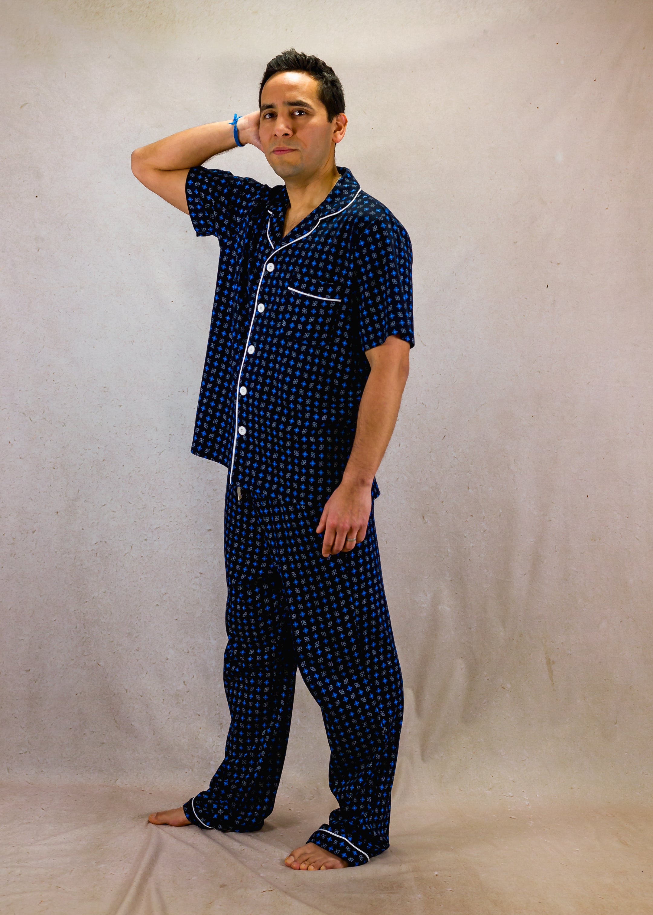 Blue squares set with short-sleeves top and trouser