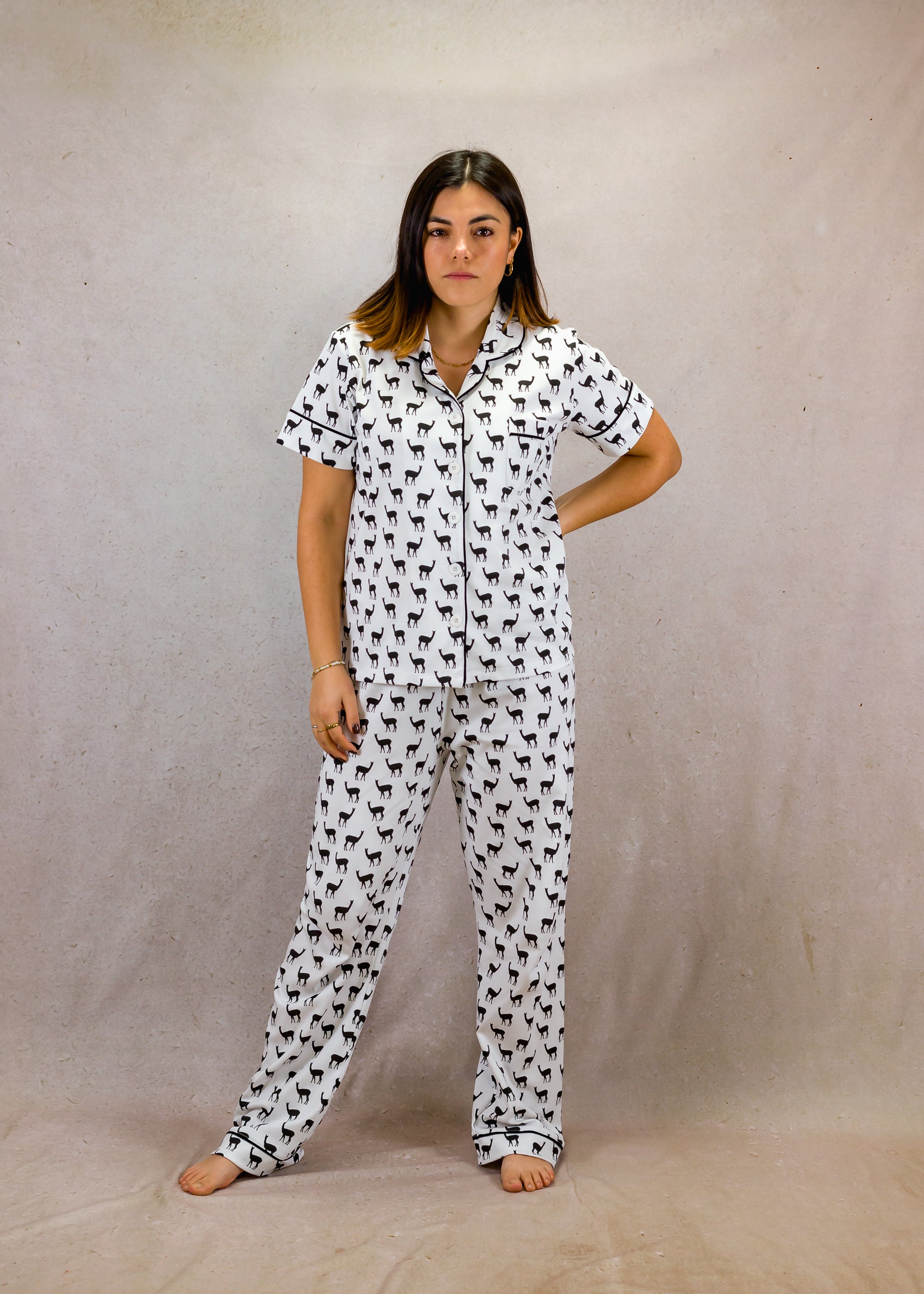 Women's Short Sleeve Pima Cotton Pyjama Set – Black & White Vicuña Print