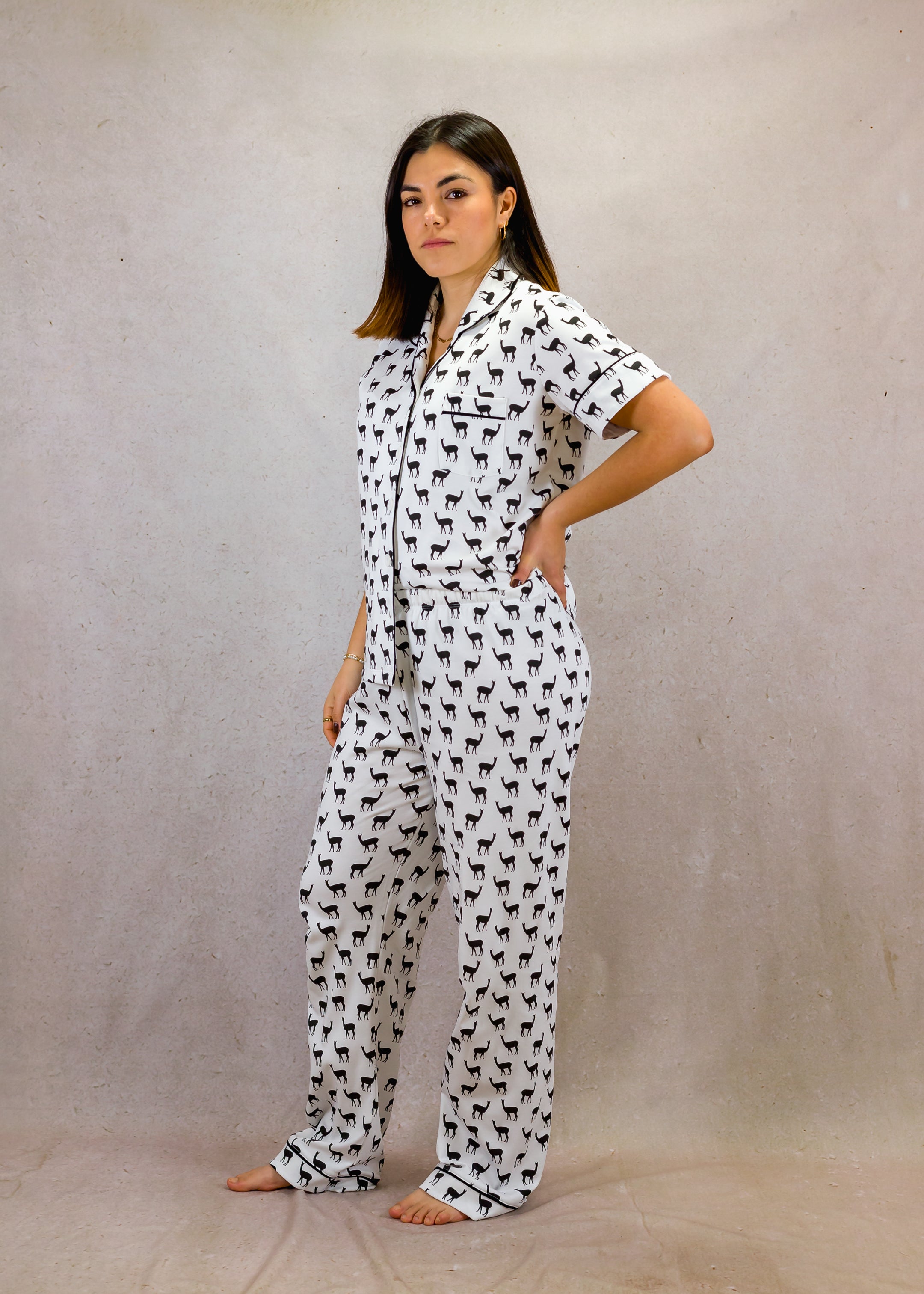 Women's Short Sleeve Pima Cotton Pyjama Set – Black & White Vicuña Print