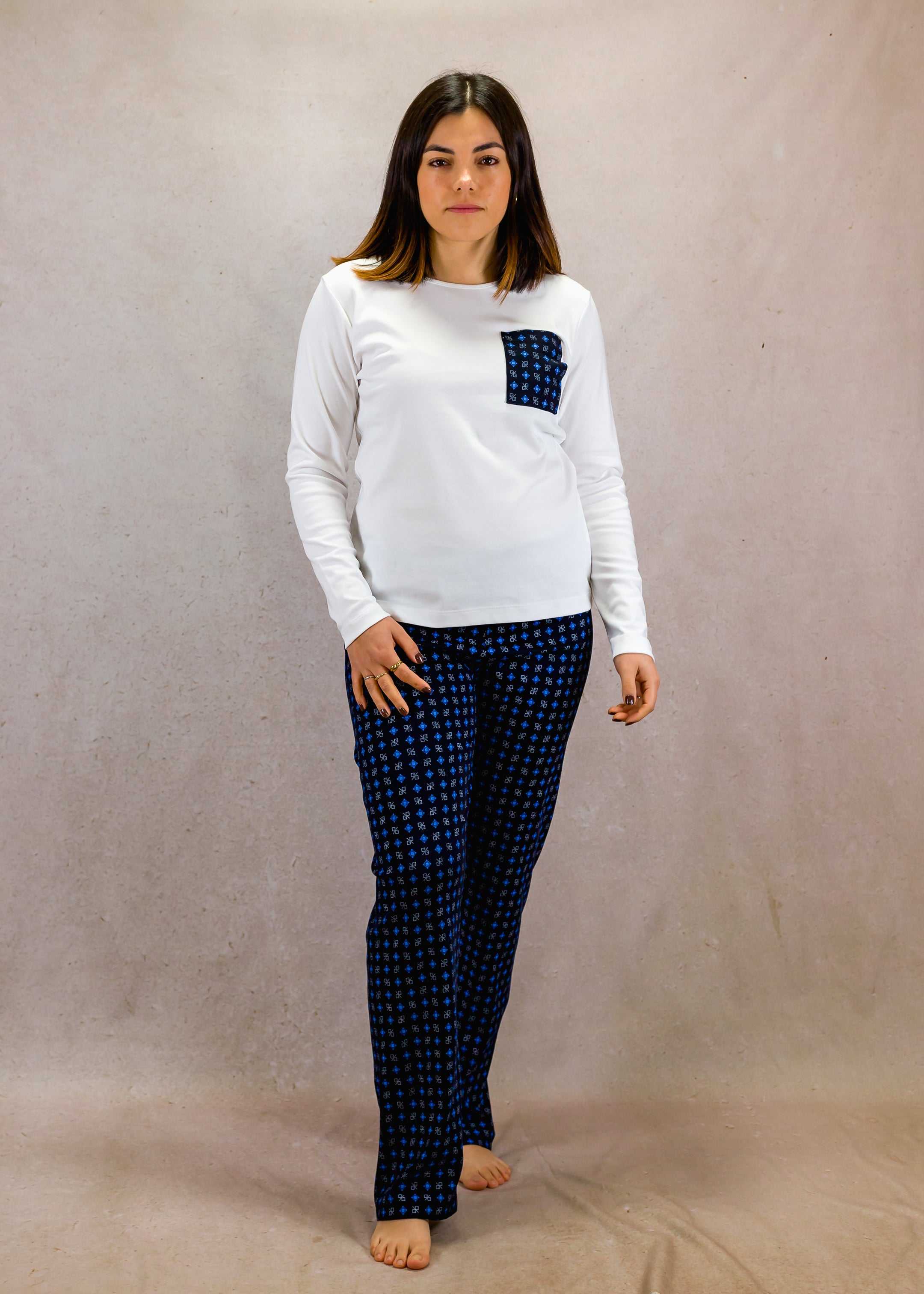 Women's Long Sleeve Pima Cotton Pyjama Set – Blue & White